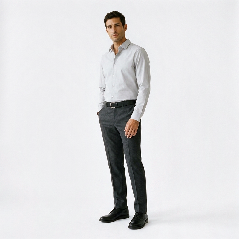 Mannequin homme portant la Ceinture Antivol Cuir — style smart casual — Le Monde de la Ceinture