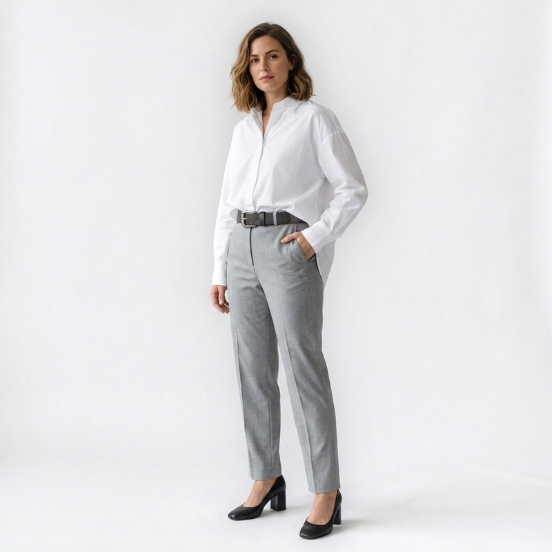 Mannequin femme portant la Ceinture Cuir Boucle Carrée Femme — style smart casual — Le Monde de la Ceinture