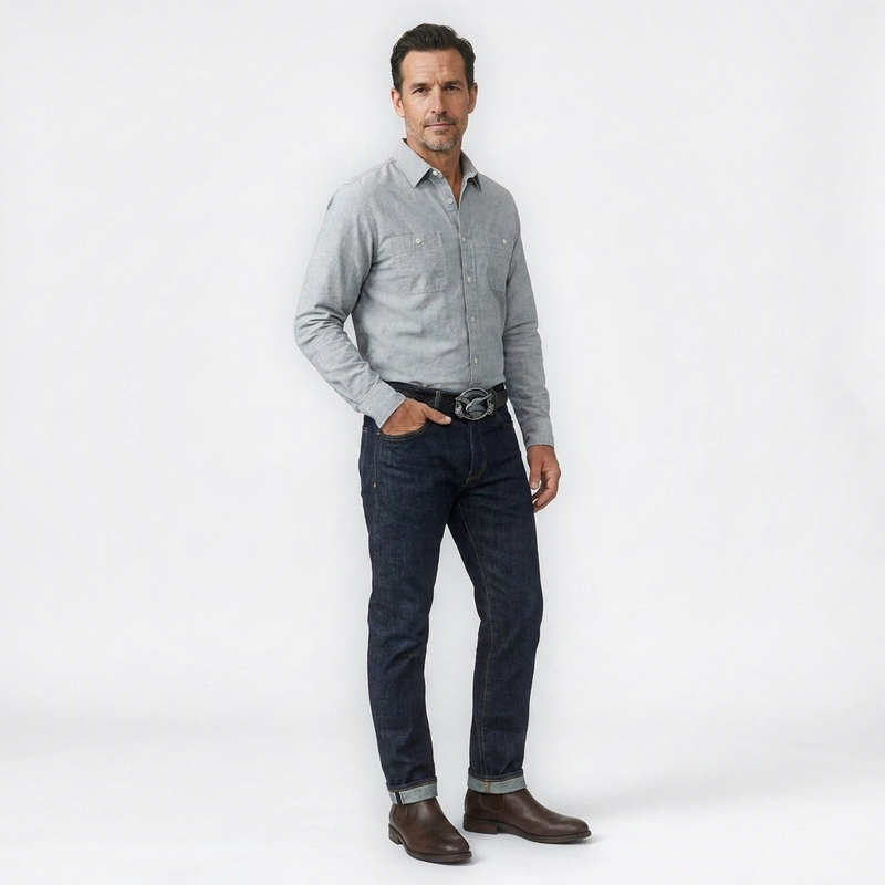 Mannequin homme portant la Ceinture Cuir Boucle Cow Boy — look casual — Le Monde de la Ceinture