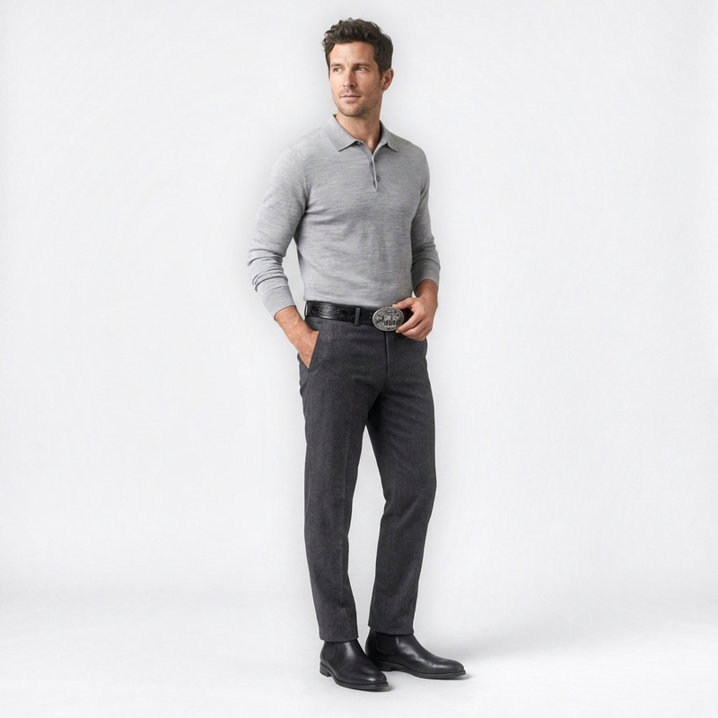 Mannequin homme portant la Ceinture Cuir Homme Boucle Vintage — style smart casual — Le Monde de la Ceinture