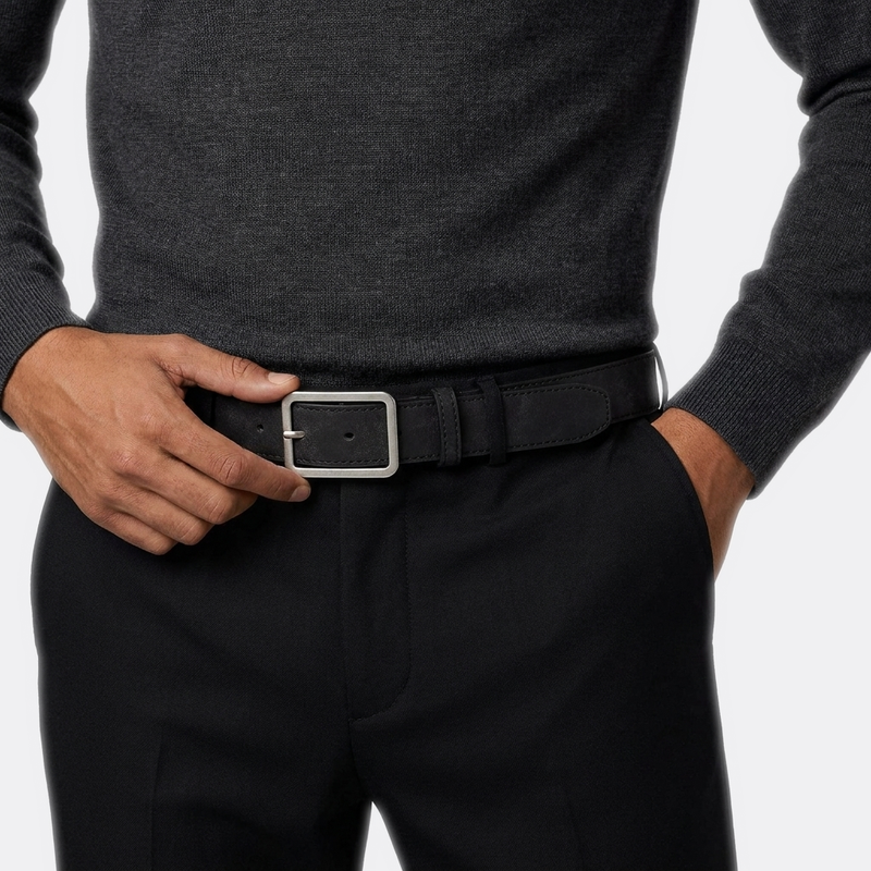 Détail boucle de la Ceinture Cuir Velour Homme portée par un homme — look luxe — Le Monde de la Ceinture