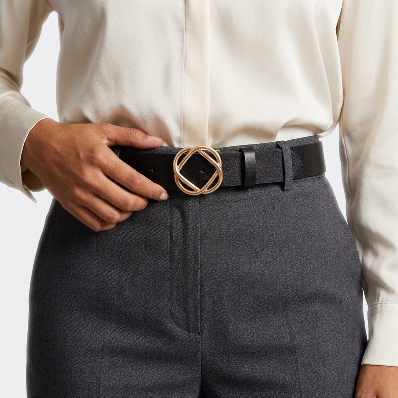 Détail boucle de la Ceinture Femme Belle Boucle portée par une femme — style smart casual — Le Monde de la Ceinture