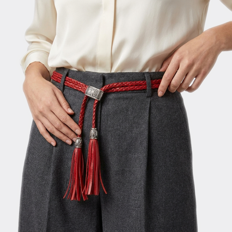 Détail boucle de la Ceinture Ficelle Femme portée par une femme — look casual chic — Le Monde de la Ceinture