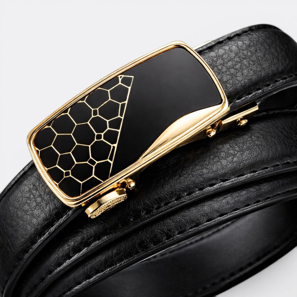 Le monde de la ceinture men's black leather automatic buckle belt with gold trim and honeycomb pattern.