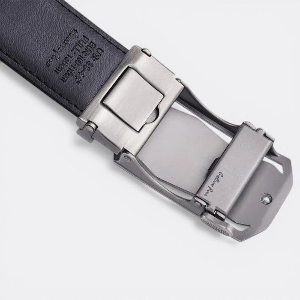 Le monde de la ceinture black leather tactical automatic belt with brushed metal buckle.