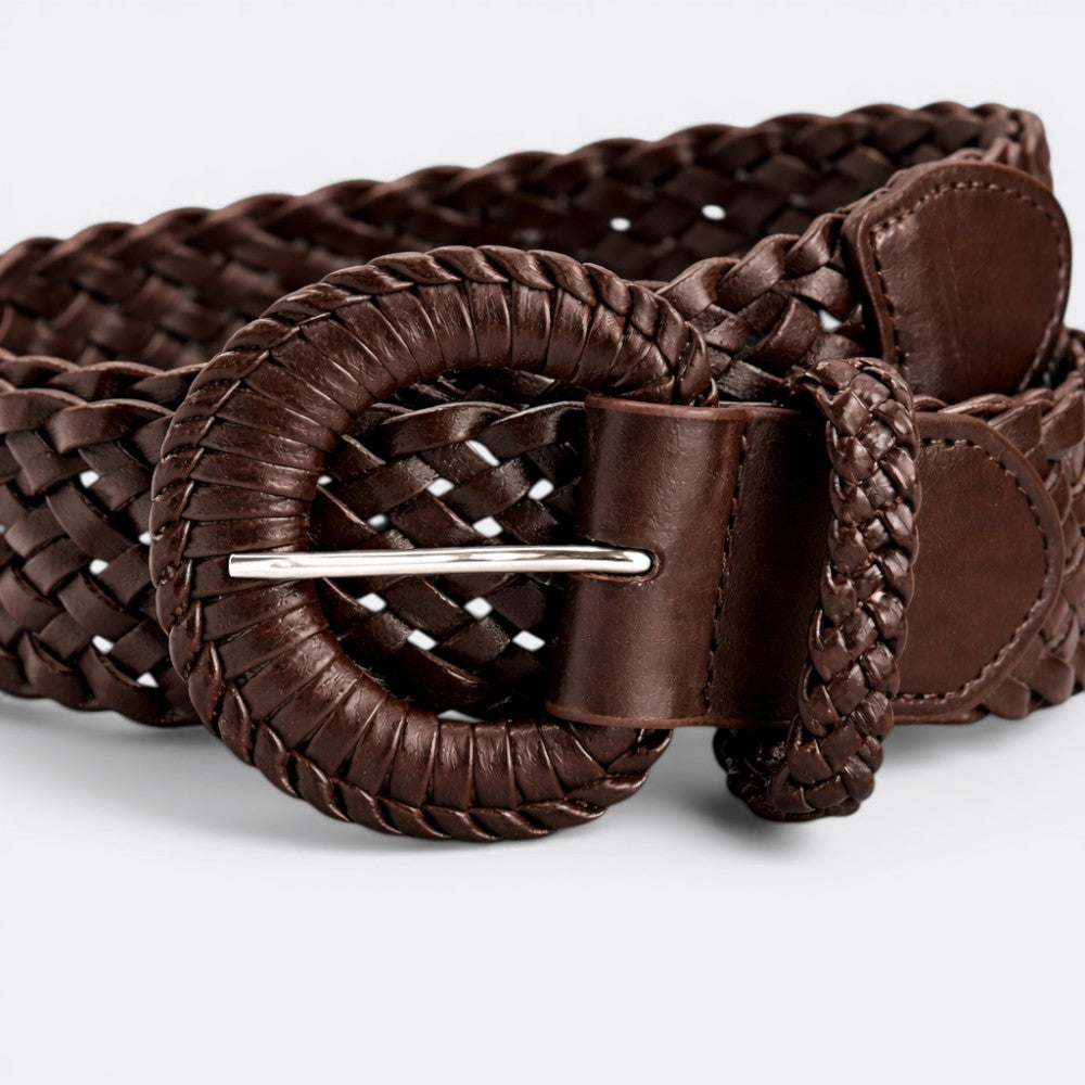 Le monde de la ceinture brown braided leather belt with round buckle and silver hardware. Perfect for dresses.