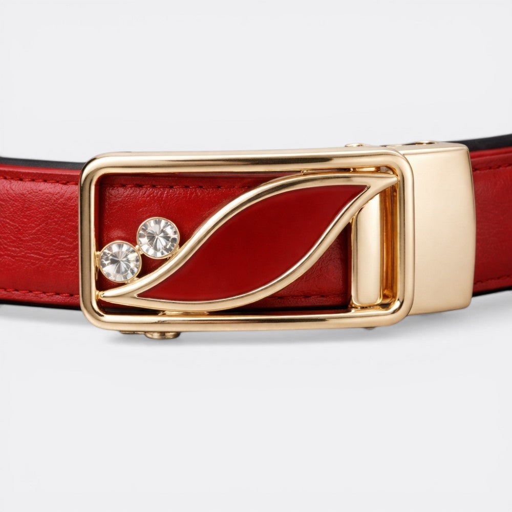 Le monde de la ceinture women's reversible leather belt in red with gold buckle and crystal accents.