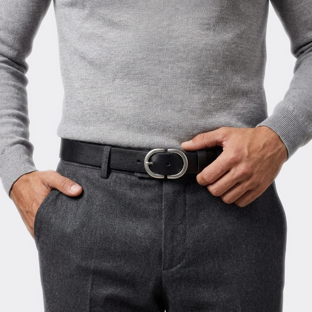 Détail boucle de la Belle Ceinture Homme Cuir portée par un homme — style smart casual — Le Monde de la Ceinture