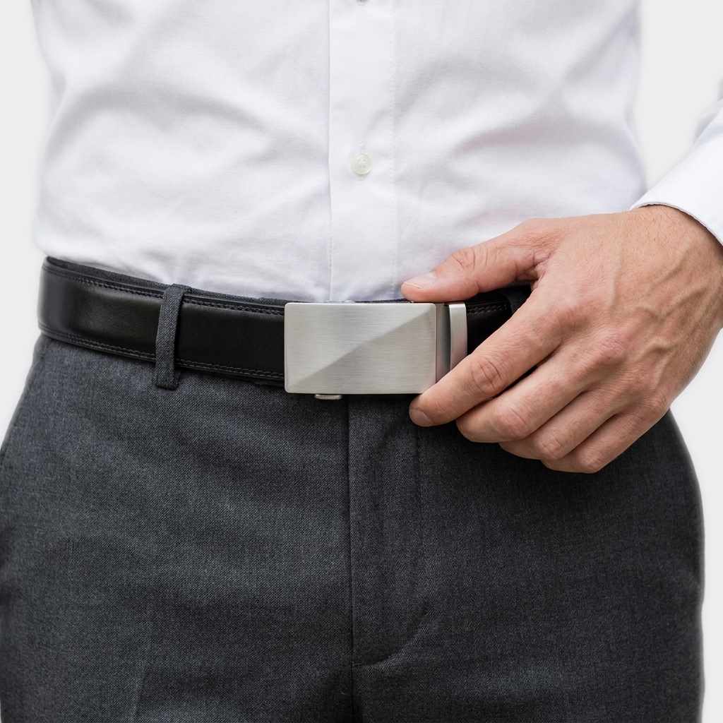 Détail boucle de la Ceinture à Boucle Automatique portée par un homme — look luxe — Le Monde de la Ceinture