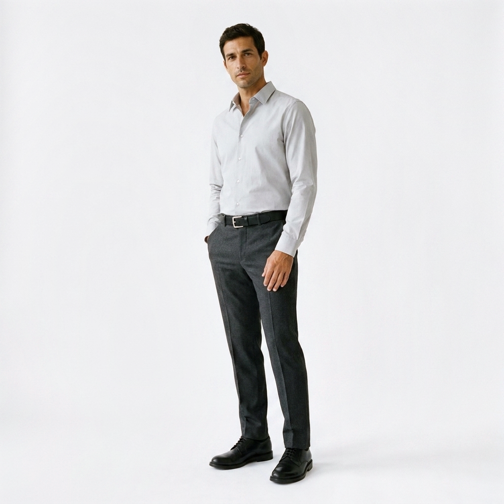 Mannequin homme portant la Ceinture Antivol Cuir — style smart casual — Le Monde de la Ceinture