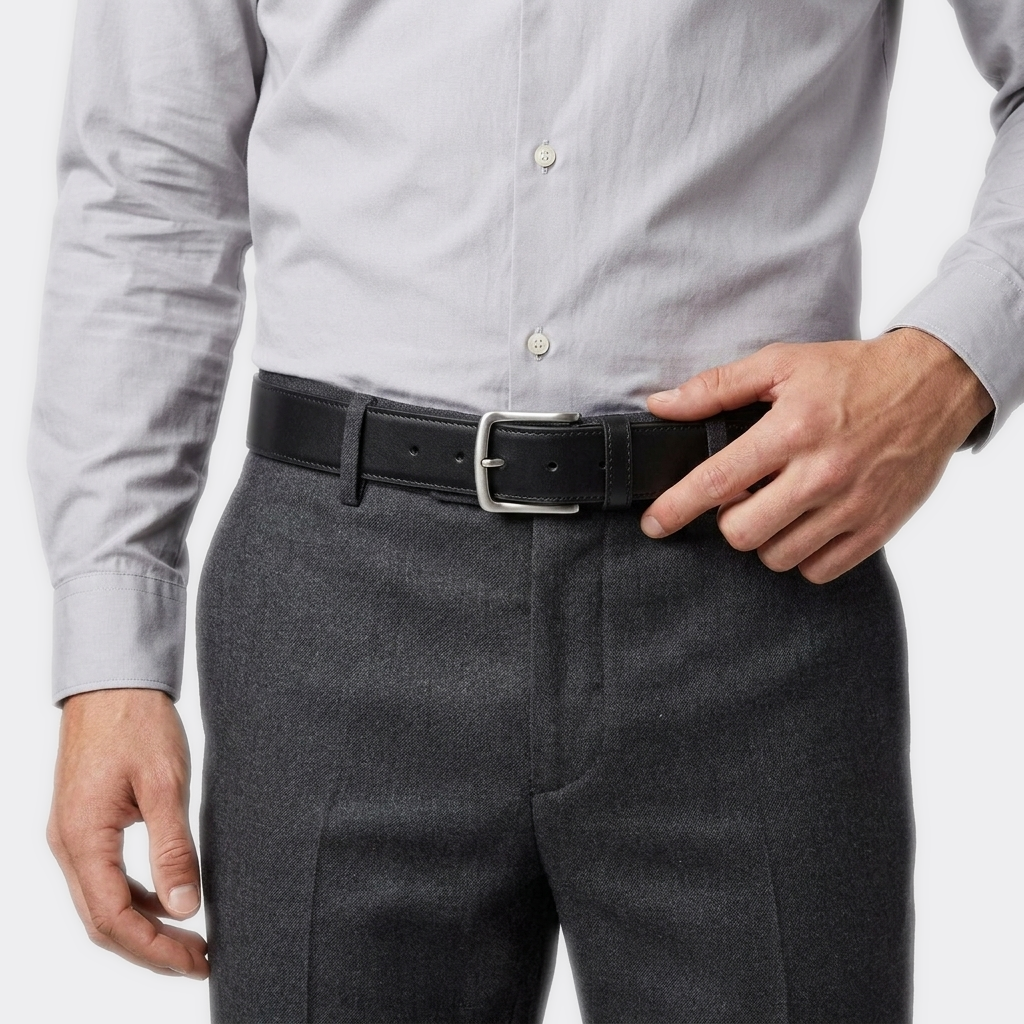 Détail boucle de la Ceinture Antivol Cuir portée par un homme — style smart casual — Le Monde de la Ceinture