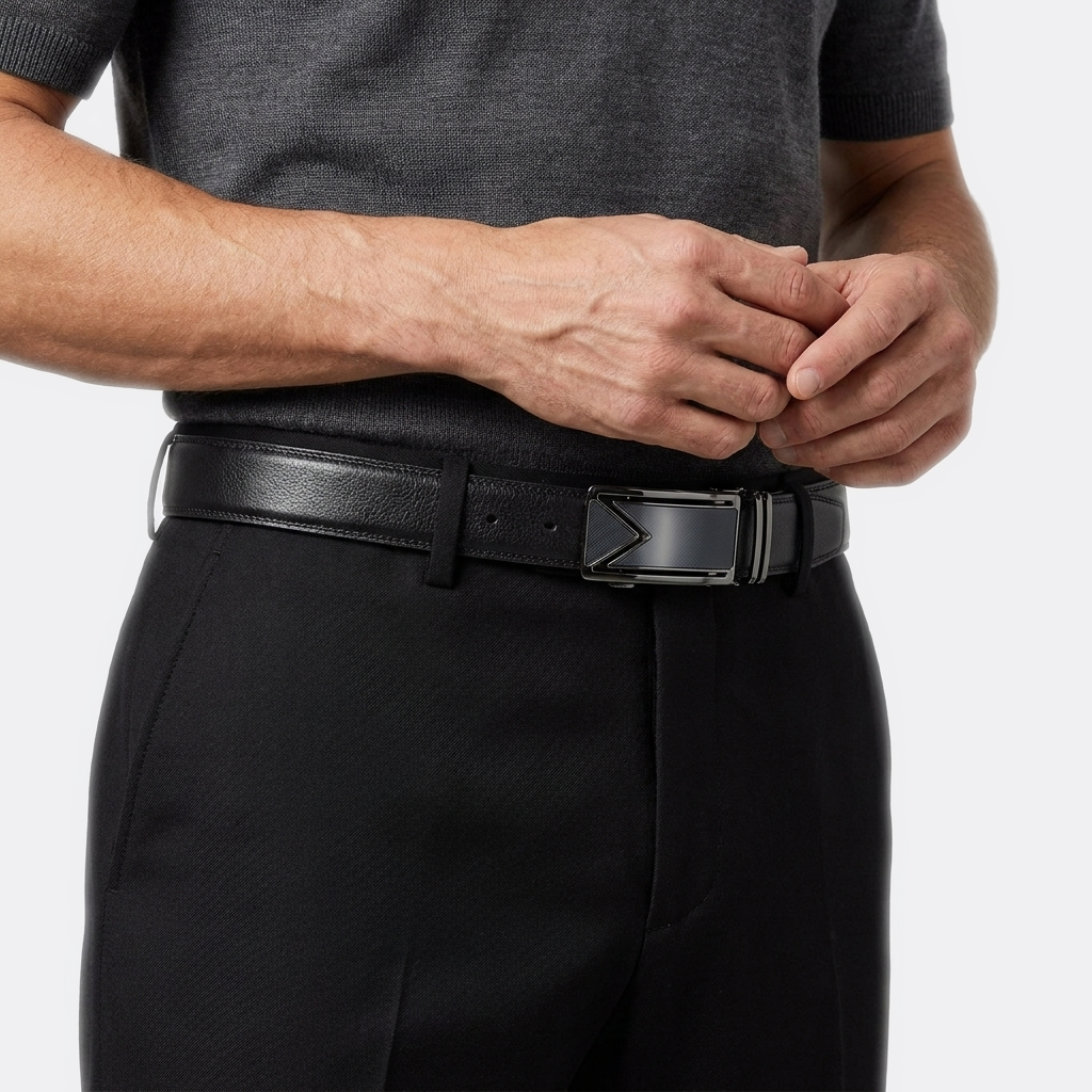 Détail boucle de la Ceinture Automatique Cuir Homme portée par un homme — look luxe — Le Monde de la Ceinture