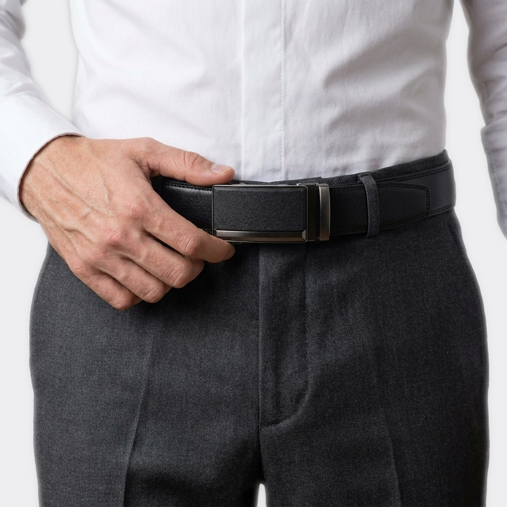 Détail boucle de la Ceinture Automatique Homme Cuir portée par un homme — style business — Le Monde de la Ceinture