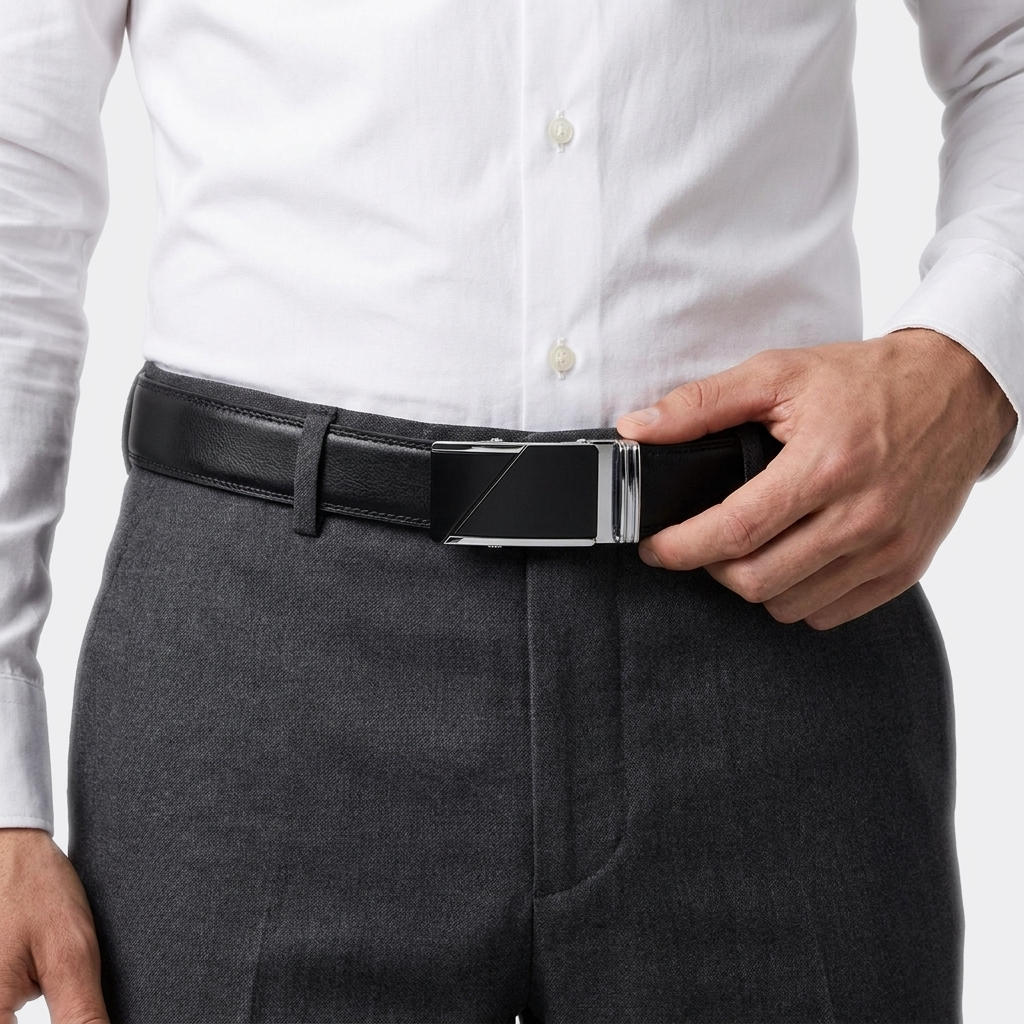 Détail boucle de la Ceinture Boucle Automatique Homme portée par un homme — style business — Le Monde de la Ceinture