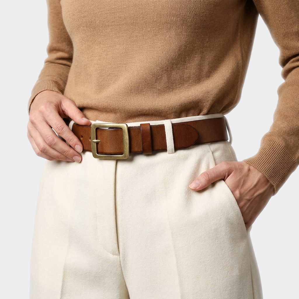 Détail boucle de la Ceinture Boucle Dorée Femme portée par une femme — look casual chic — Le Monde de la Ceinture
