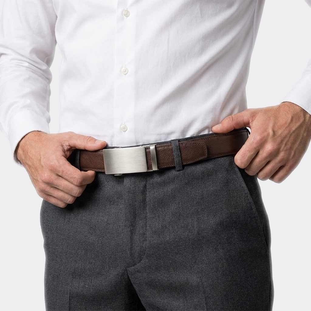 Détail boucle de la Ceinture Boucle en Métal portée par un homme — style business — Le Monde de la Ceinture