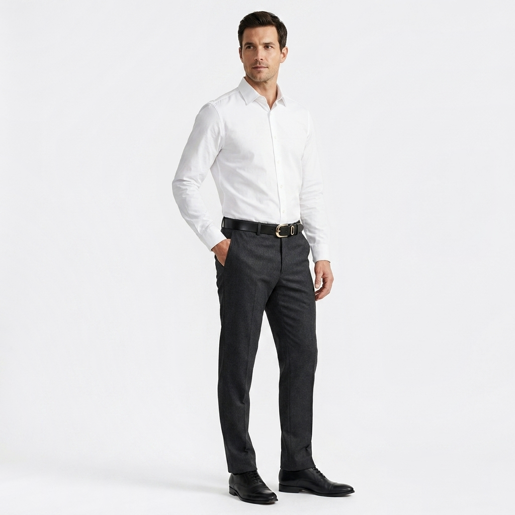 Mannequin homme portant la Ceinture Classic Boucle Dorée — style business — Le Monde de la Ceinture