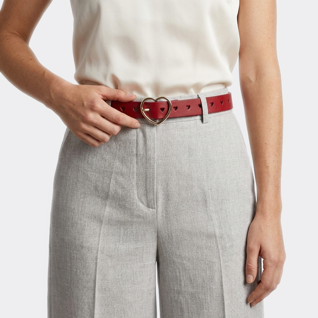 Détail boucle de la Ceinture Coeur Femme portée par une femme — look casual chic — Le Monde de la Ceinture