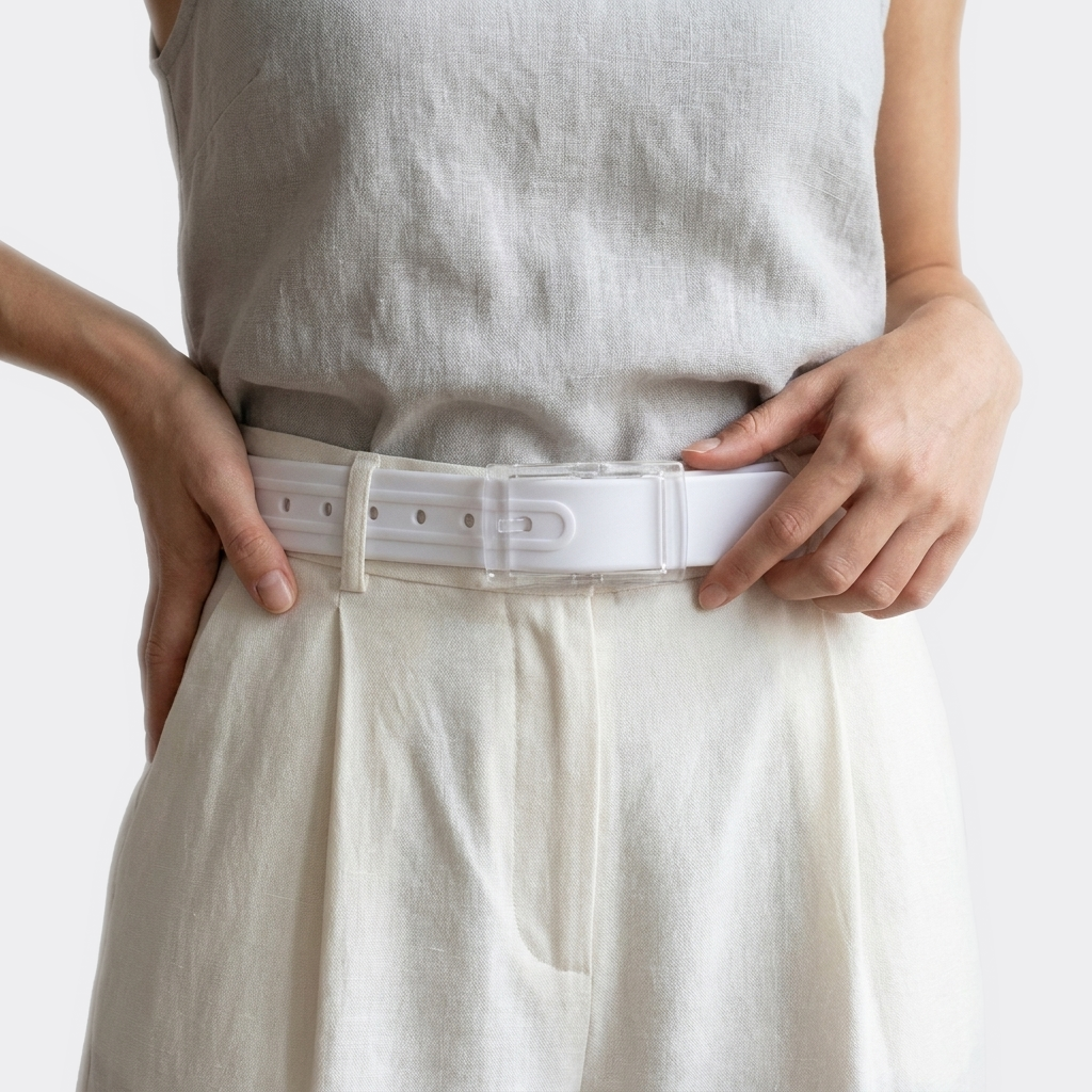 Détail boucle de la Ceinture Colorée portée par une femme — style minimaliste — Le Monde de la Ceinture