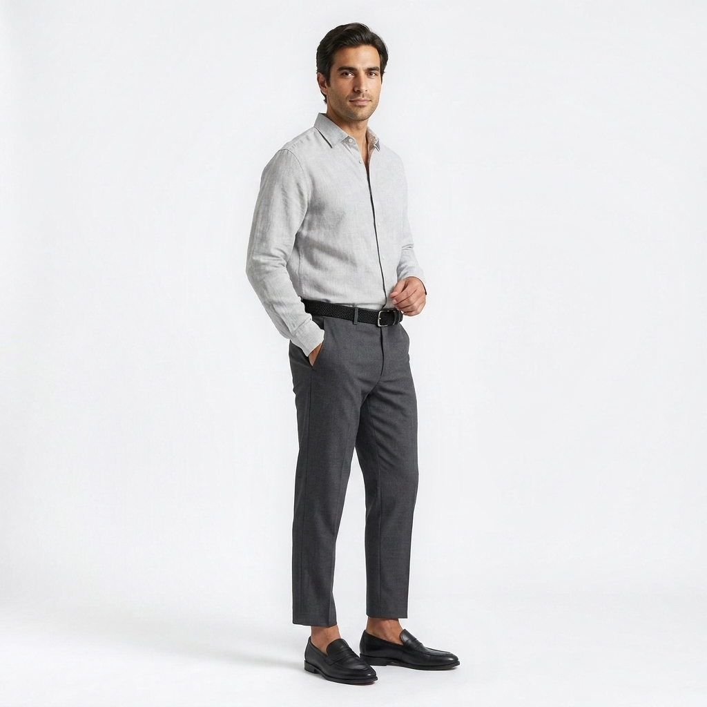 Mannequin homme portant la Ceinture Corde Tressée — style smart casual — Le Monde de la Ceinture
