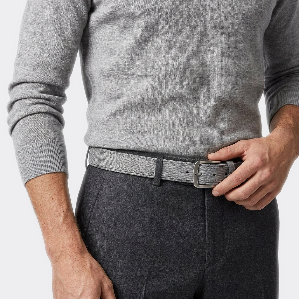 Détail boucle de la Ceinture Cuir Bicolore Homme portée par un homme — style smart casual — Le Monde de la Ceinture