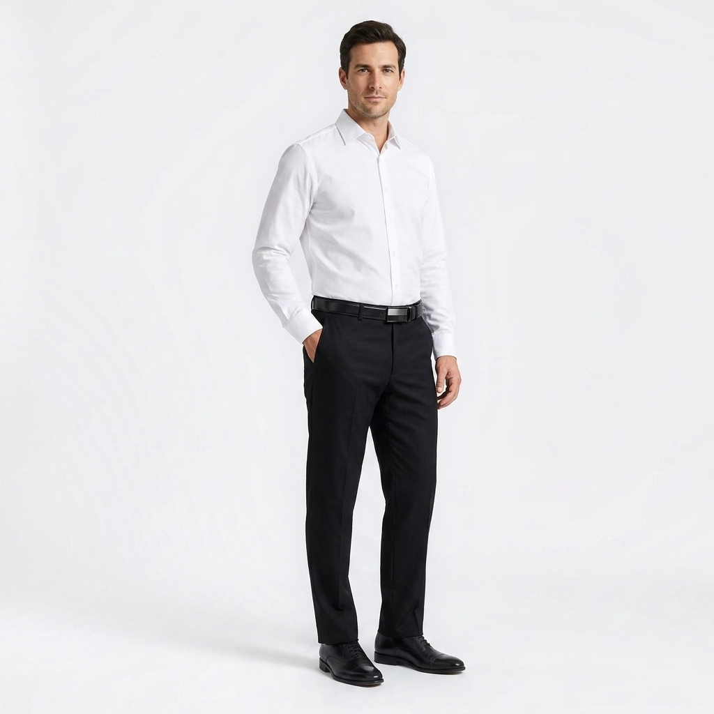 Mannequin homme portant la Ceinture Cuir Boucle Automatique Bicolore — style business — Le Monde de la Ceinture