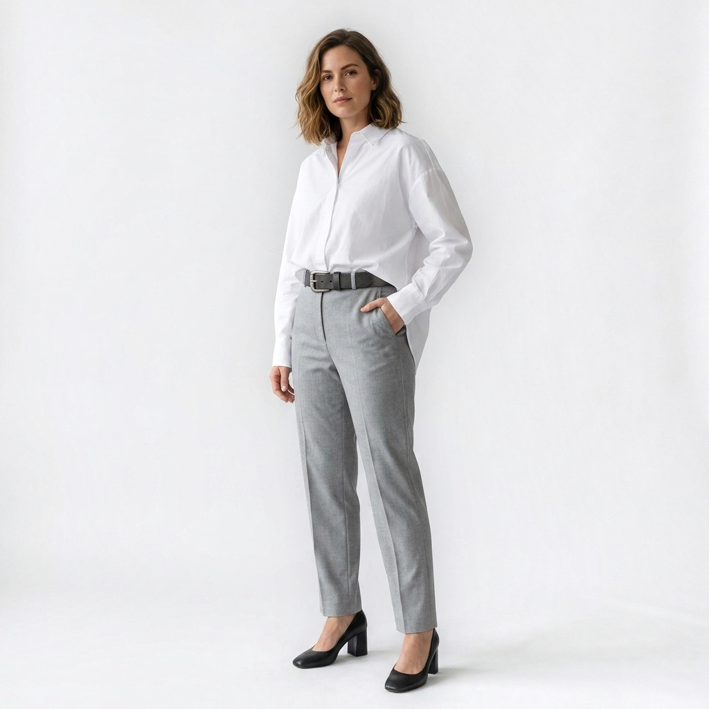 Mannequin femme portant la Ceinture Cuir Boucle Carrée Femme — style smart casual — Le Monde de la Ceinture