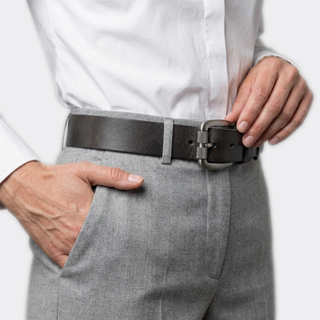 Détail boucle de la Ceinture Cuir Boucle Carrée Femme portée par une femme — style smart casual — Le Monde de la Ceinture