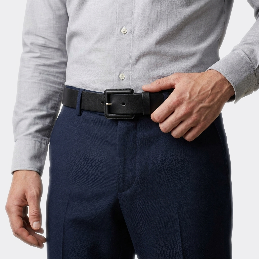 Détail boucle de la Ceinture cuir Boucle Carrée Homme portée par un homme — style business — Le Monde de la Ceinture