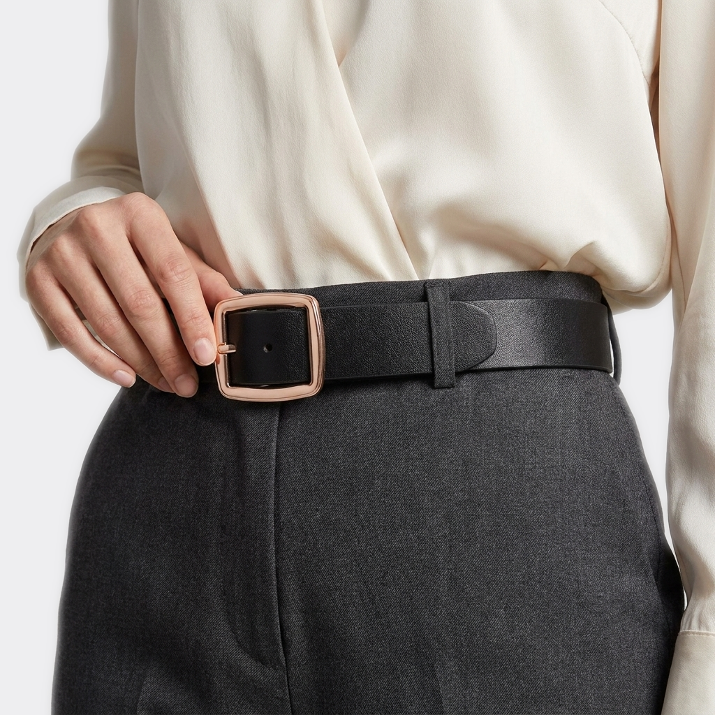 Détail boucle de la Ceinture Cuir Boucle Carrée portée par une femme — look luxe — Le Monde de la Ceinture