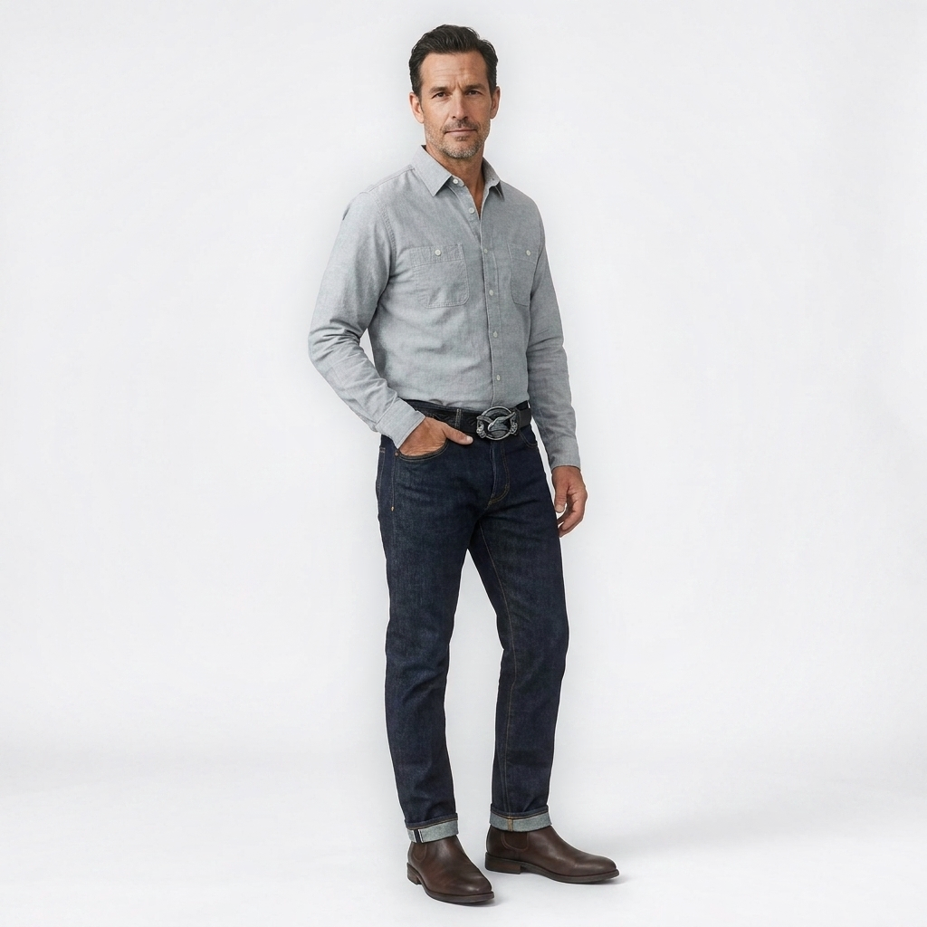 Mannequin homme portant la Ceinture Cuir Boucle Cow Boy — look casual — Le Monde de la Ceinture
