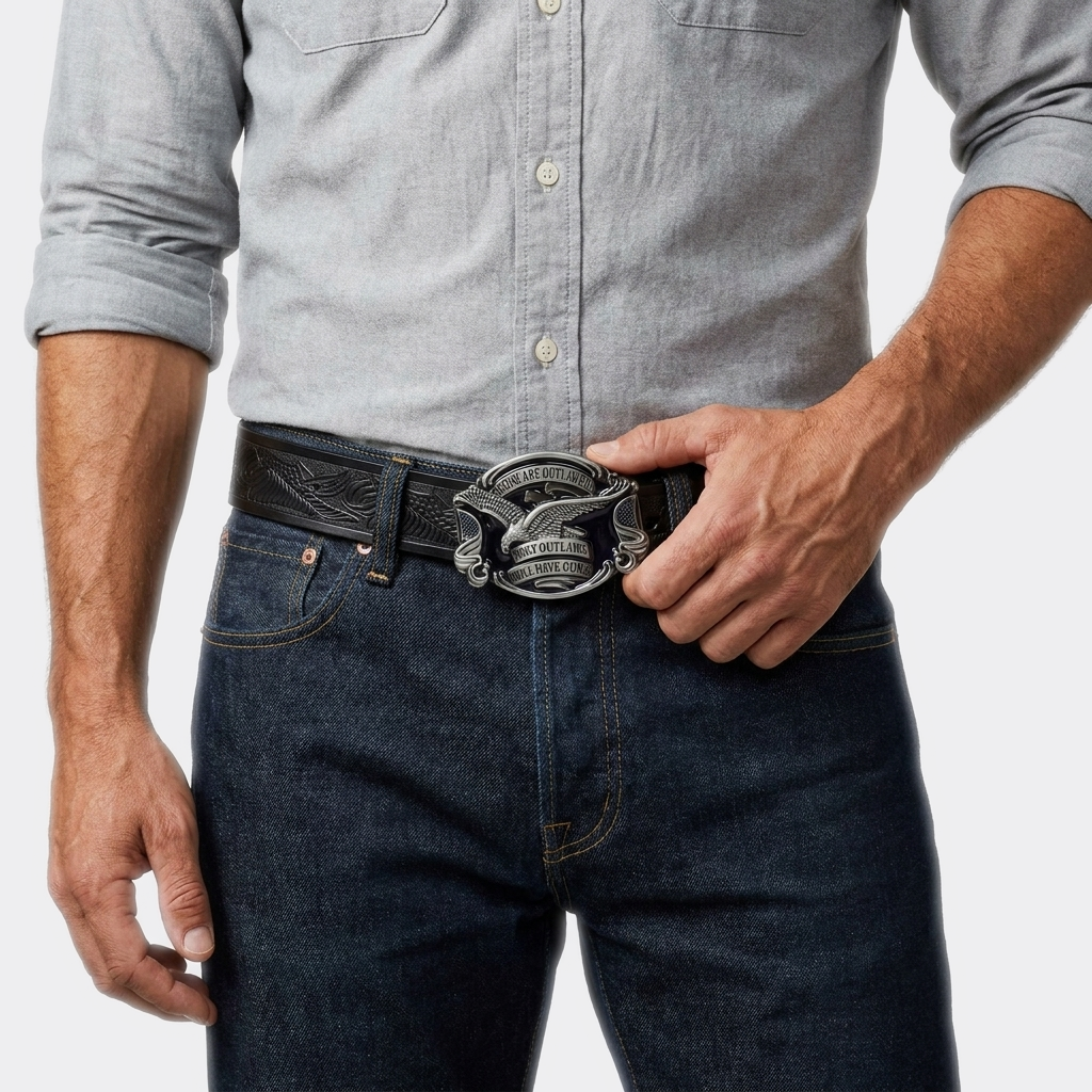 Détail boucle de la Ceinture Cuir Boucle Cow Boy portée par un homme — look casual — Le Monde de la Ceinture