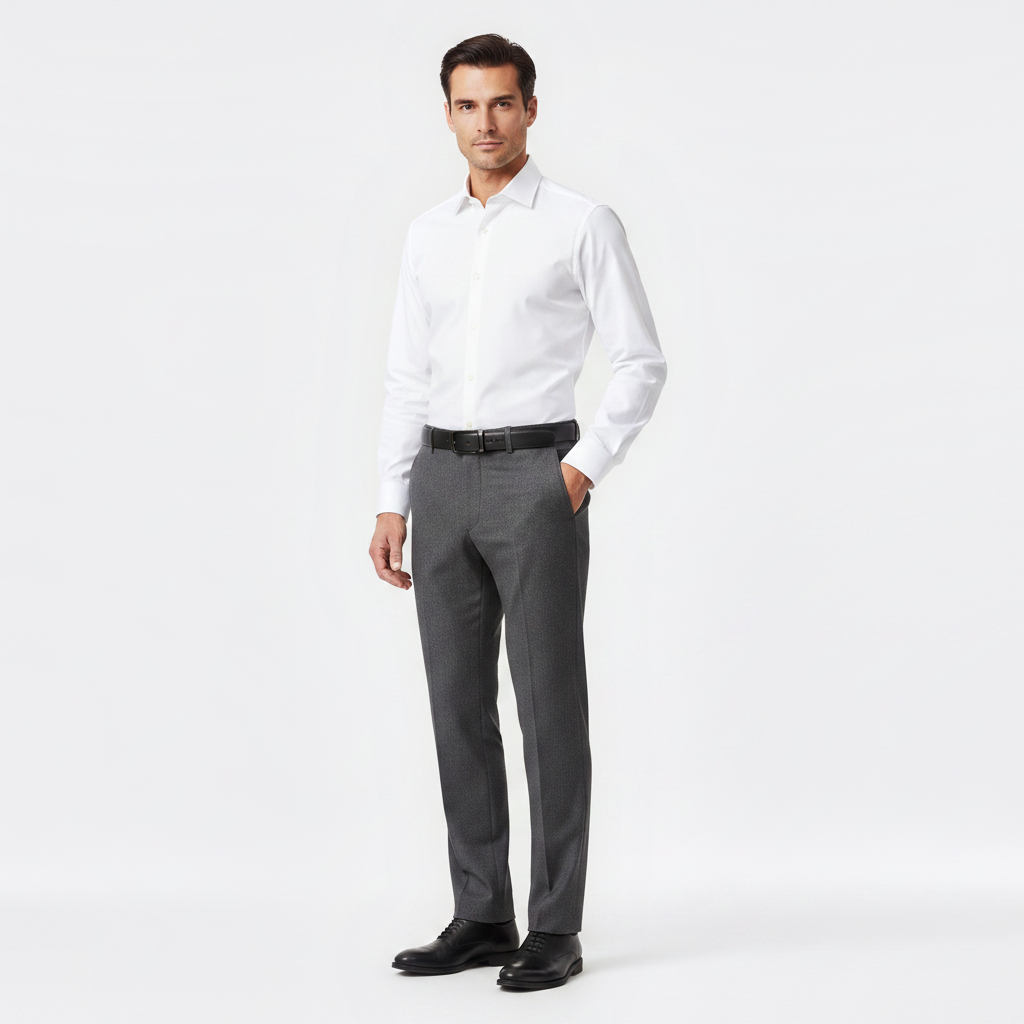 Mannequin homme portant la Ceinture cuir Boucle Reversible — look luxe — Le Monde de la Ceinture