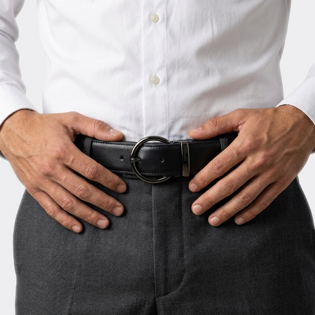 Détail boucle de la Ceinture cuir Boucle Reversible portée par un homme — look luxe — Le Monde de la Ceinture