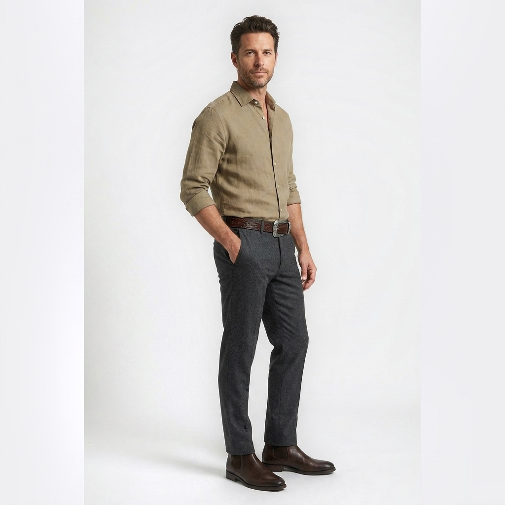 Mannequin homme portant la Ceinture Cuir Cowboy — style smart casual — Le Monde de la Ceinture