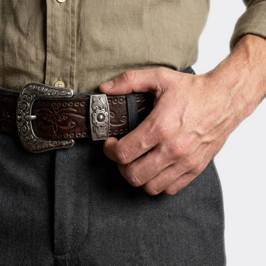 Détail boucle de la Ceinture Cuir Cowboy portée par un homme — style smart casual — Le Monde de la Ceinture