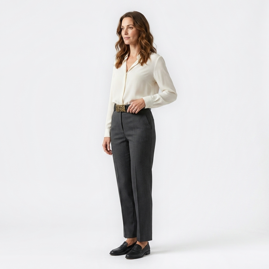 Mannequin femme portant la Ceinture Cuir Femme Grosse Boucle — look luxe — Le Monde de la Ceinture