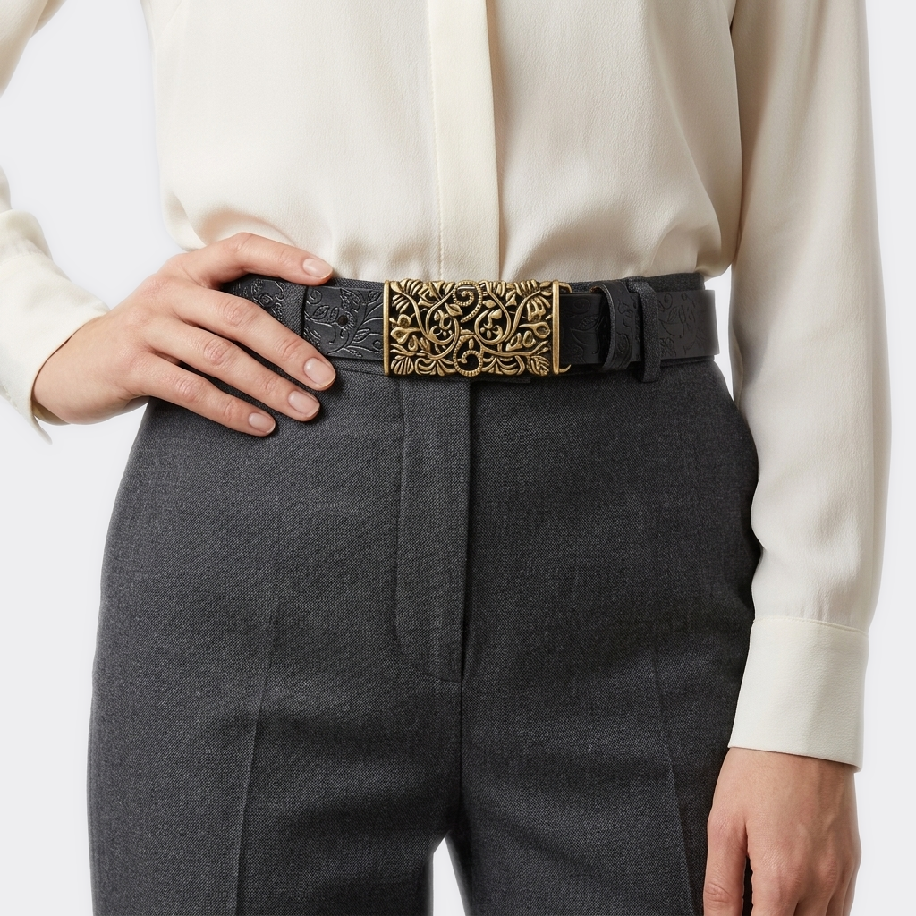 Détail boucle de la Ceinture Cuir Femme Grosse Boucle portée par une femme — look luxe — Le Monde de la Ceinture