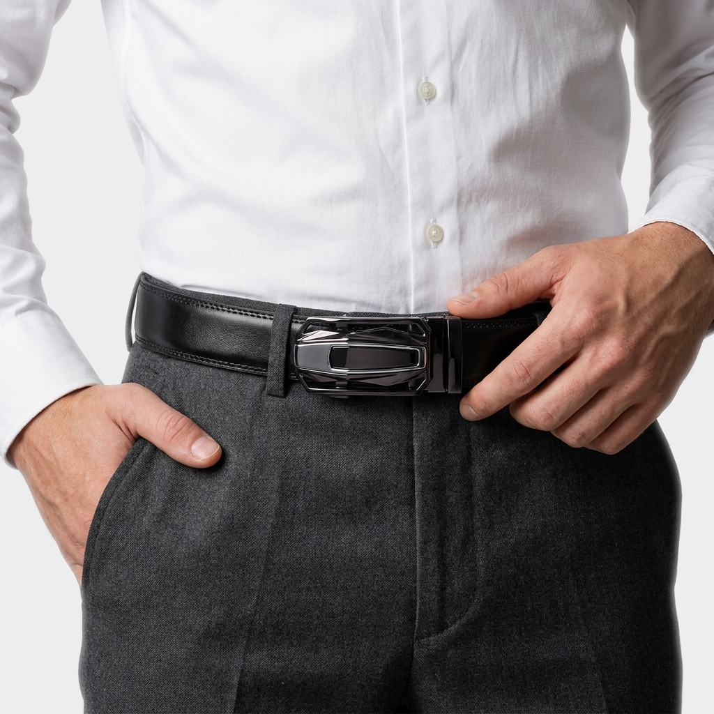 Détail boucle de la Ceinture Cuir Homme Automatique portée par un homme — style business — Le Monde de la Ceinture