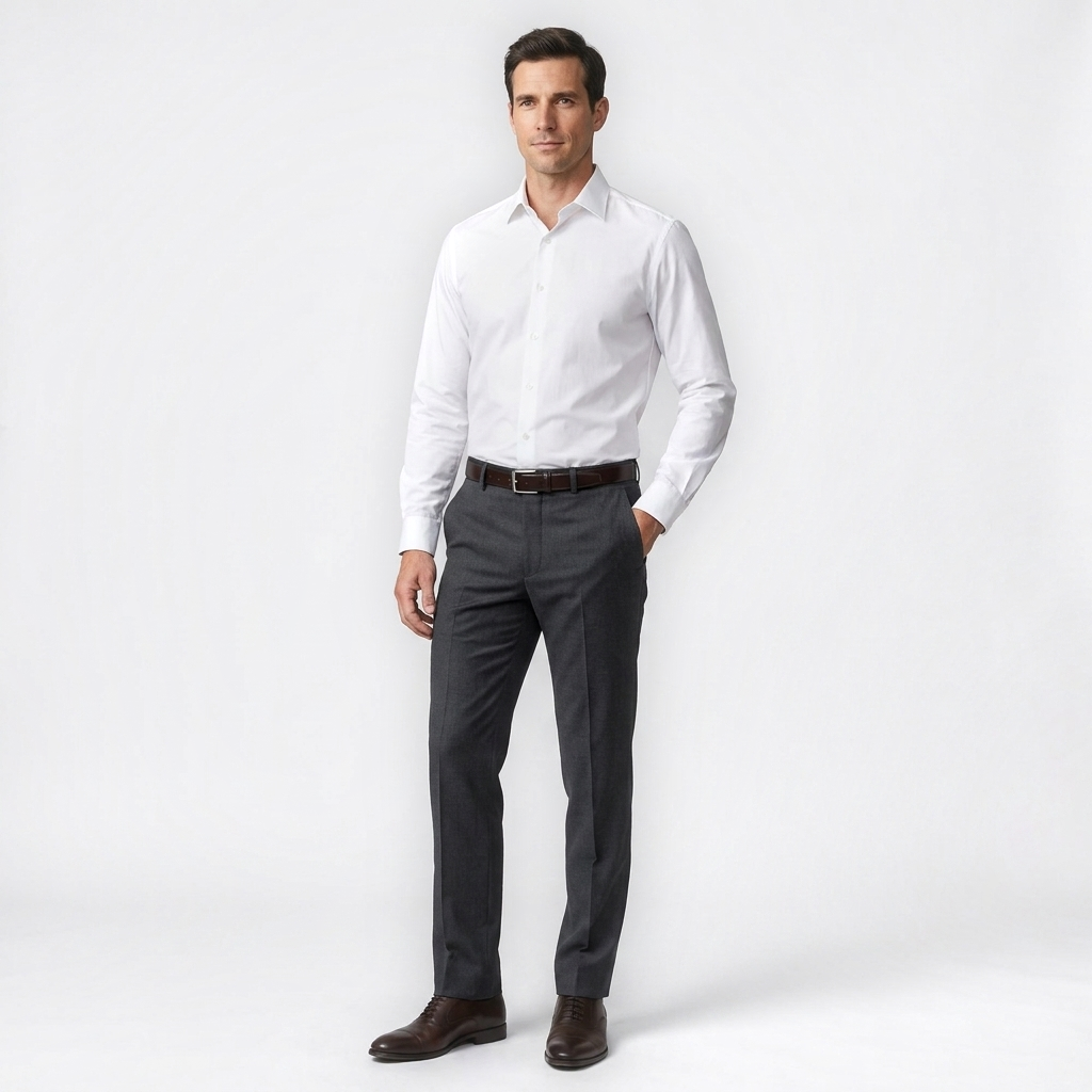 Mannequin homme portant la Ceinture Cuir Homme Boucle Argenté — style business — Le Monde de la Ceinture