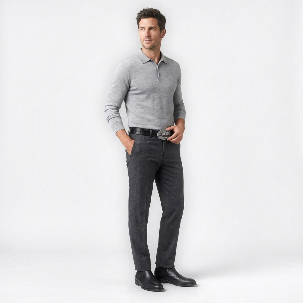 Mannequin homme portant la Ceinture Cuir Homme Boucle Vintage — style smart casual — Le Monde de la Ceinture