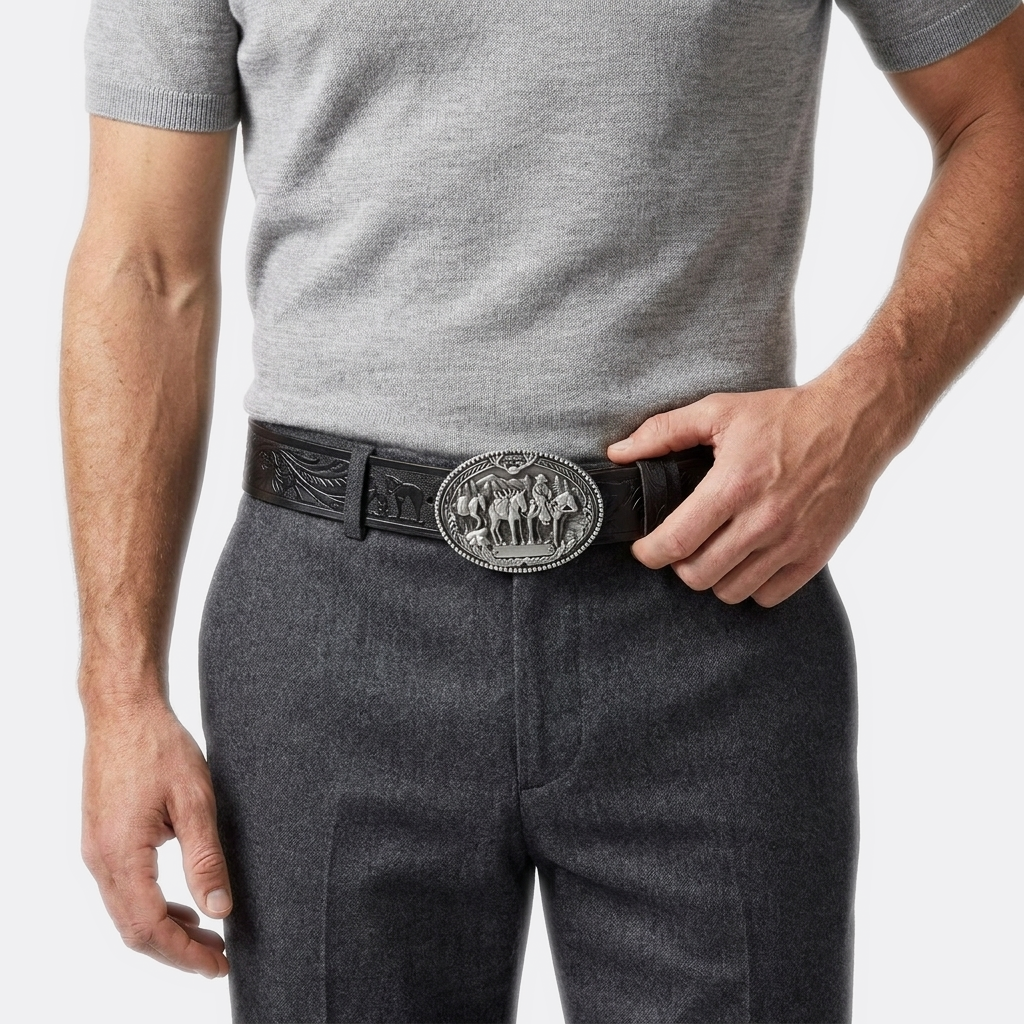 Détail boucle de la Ceinture Cuir Homme Boucle Vintage portée par un homme — style smart casual — Le Monde de la Ceinture