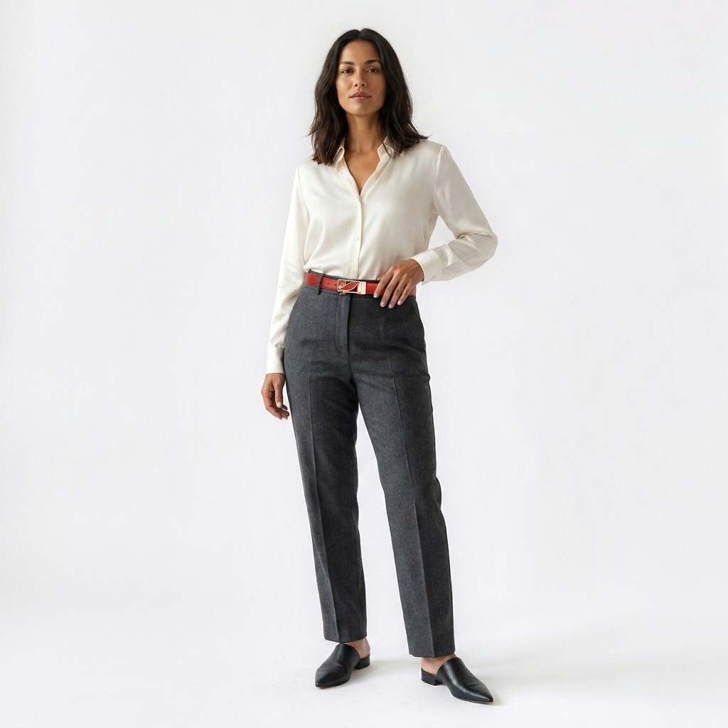 Mannequin femme portant la Ceinture Cuir Réversible Femme — look luxe — Le Monde de la Ceinture