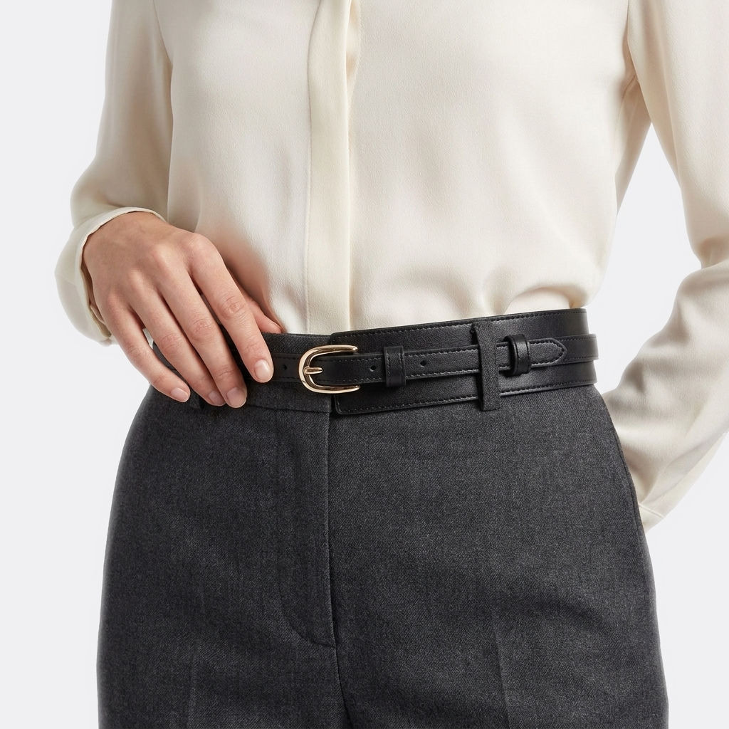 Détail boucle de la Ceinture Cuir Taille Haute Femme portée par une femme — look luxe — Le Monde de la Ceinture