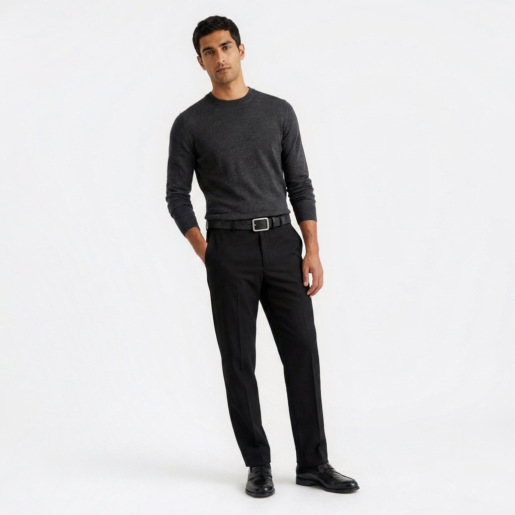 Mannequin homme portant la Ceinture Cuir Velour Homme — look luxe — Le Monde de la Ceinture