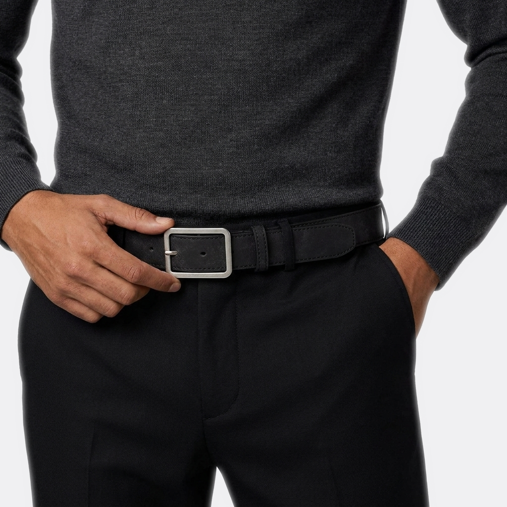 Détail boucle de la Ceinture Cuir Velour Homme portée par un homme — look luxe — Le Monde de la Ceinture