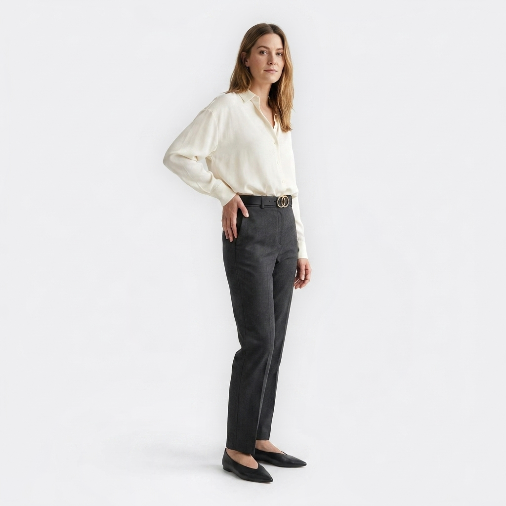 Mannequin femme portant la Ceinture Double Anneau Femme — style minimaliste — Le Monde de la Ceinture