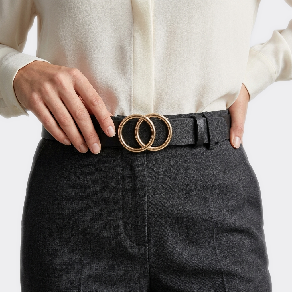 Détail boucle de la Ceinture Double Anneau Femme portée par une femme — style minimaliste — Le Monde de la Ceinture
