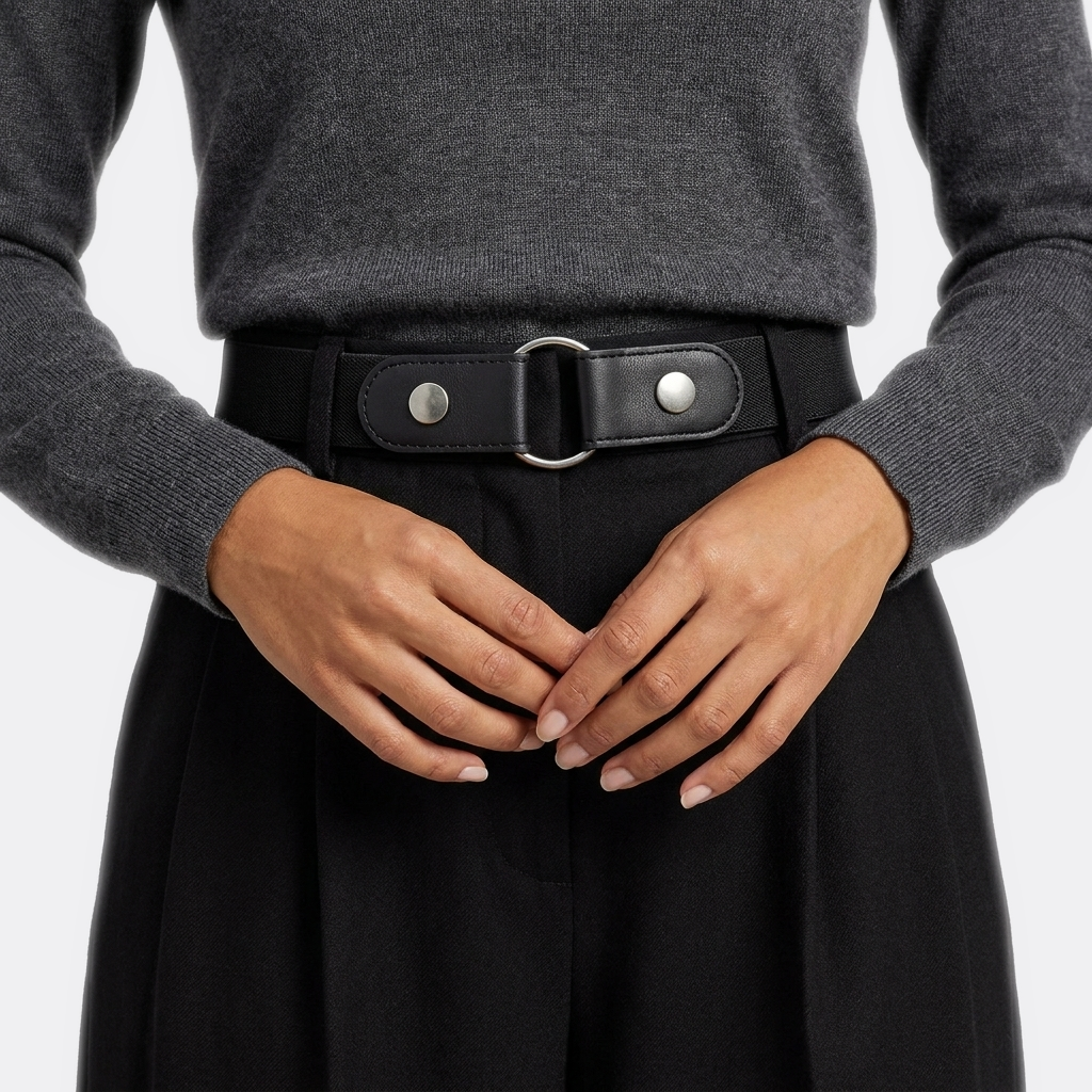 Détail boucle de la Ceinture élastique avec Boucle portée par une femme — style minimaliste — Le Monde de la Ceinture