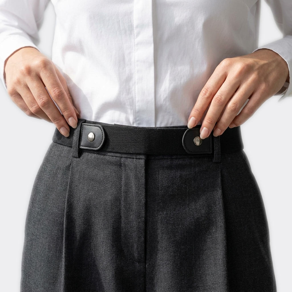 Détail boucle de la Ceinture Elastique Invisible portée par une femme — style minimaliste — Le Monde de la Ceinture